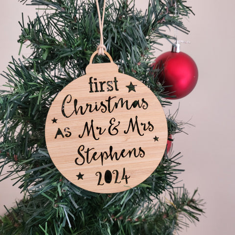 Personalised FIRST Christmas Bauble as MR & MRS 2024 - Little Birdy Finds