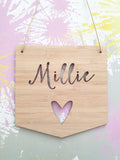 Personalised Flag Name Wooden Wall Hanging HEART Design - Little Birdy Finds