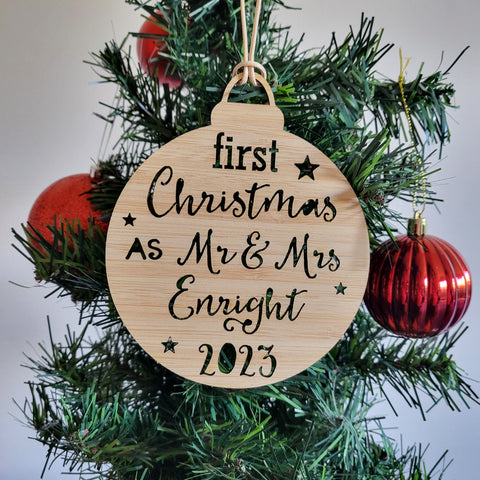 Personalised FIRST Christmas Bauble as MR & MRS 2023 - Little Birdy Finds